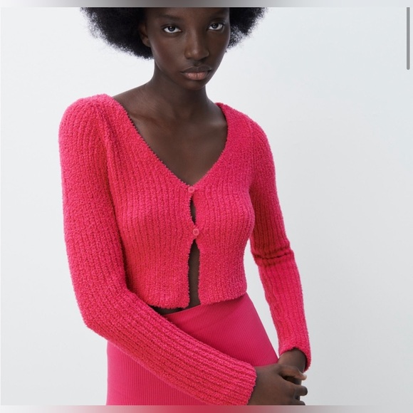 Zara Sweaters - Zara CHENILLE CARDIGAN Hot Pink Cropped Cardigan S BARBIE